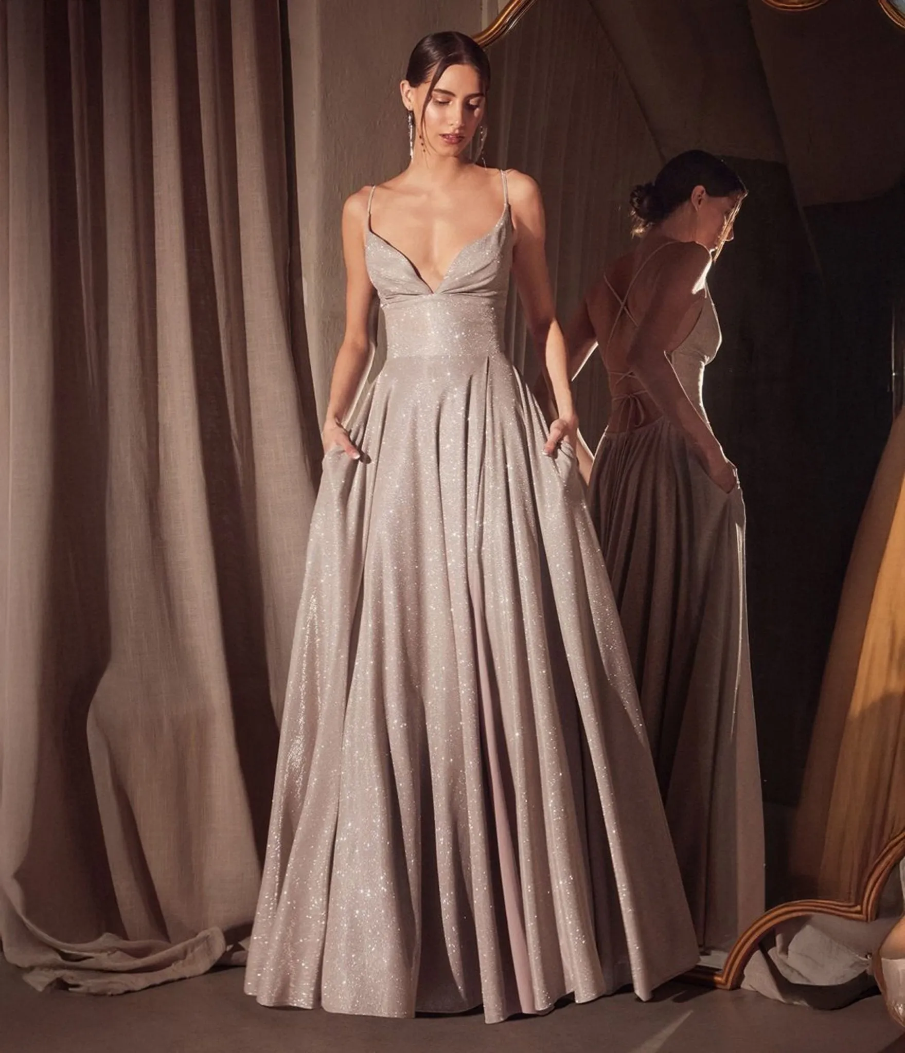 Amoris by Cinderella Divine Rose Champagne Glitter V-Neck A-Line Slit Prom Gown