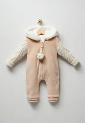 Beautiful Light Beige Velure pramsuit with ivory knitted details.