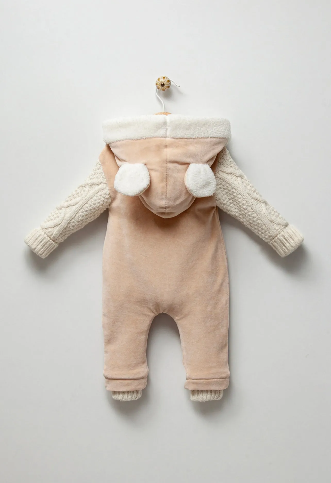 Beautiful Light Beige Velure pramsuit with ivory knitted details.