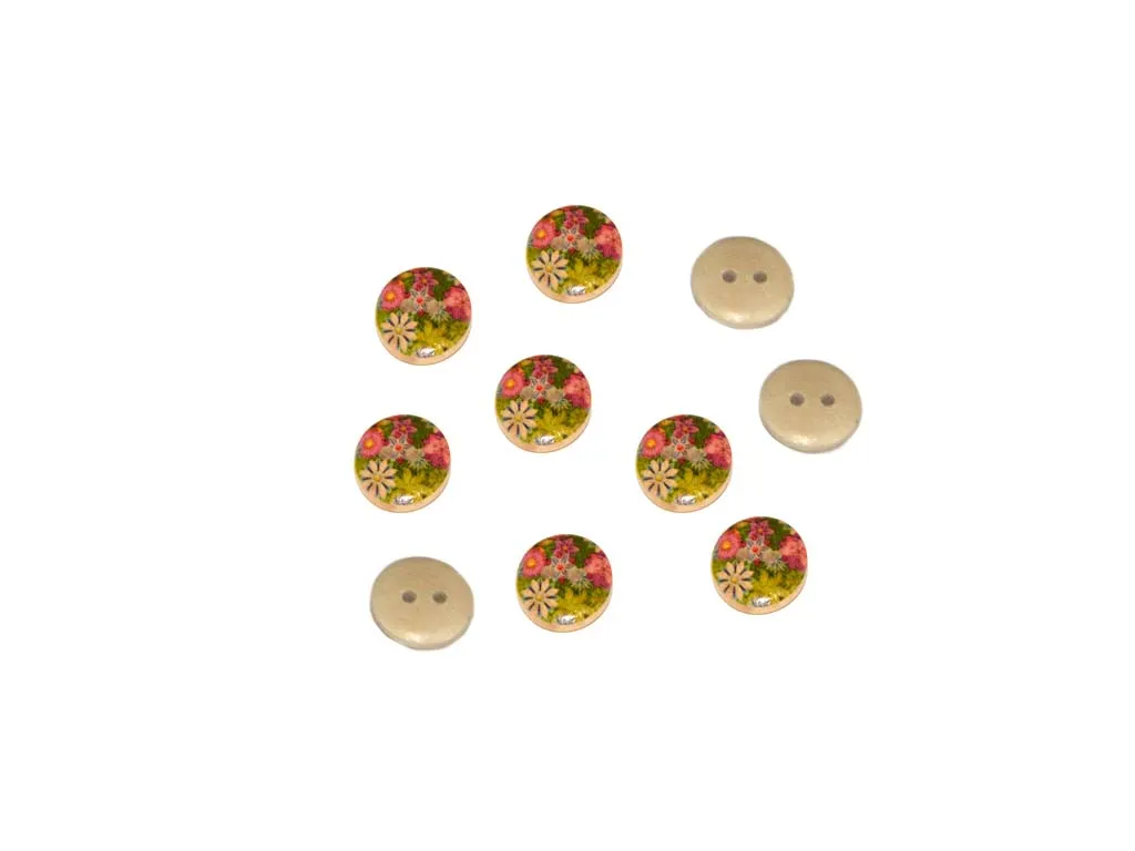 Beige Pink Green Floral Printed 2 Hole Wooden Buttons