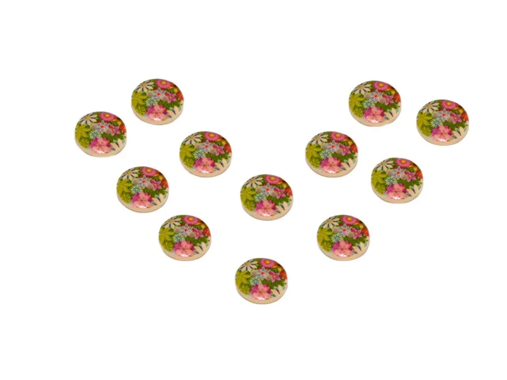 Beige Pink Green Floral Printed 2 Hole Wooden Buttons