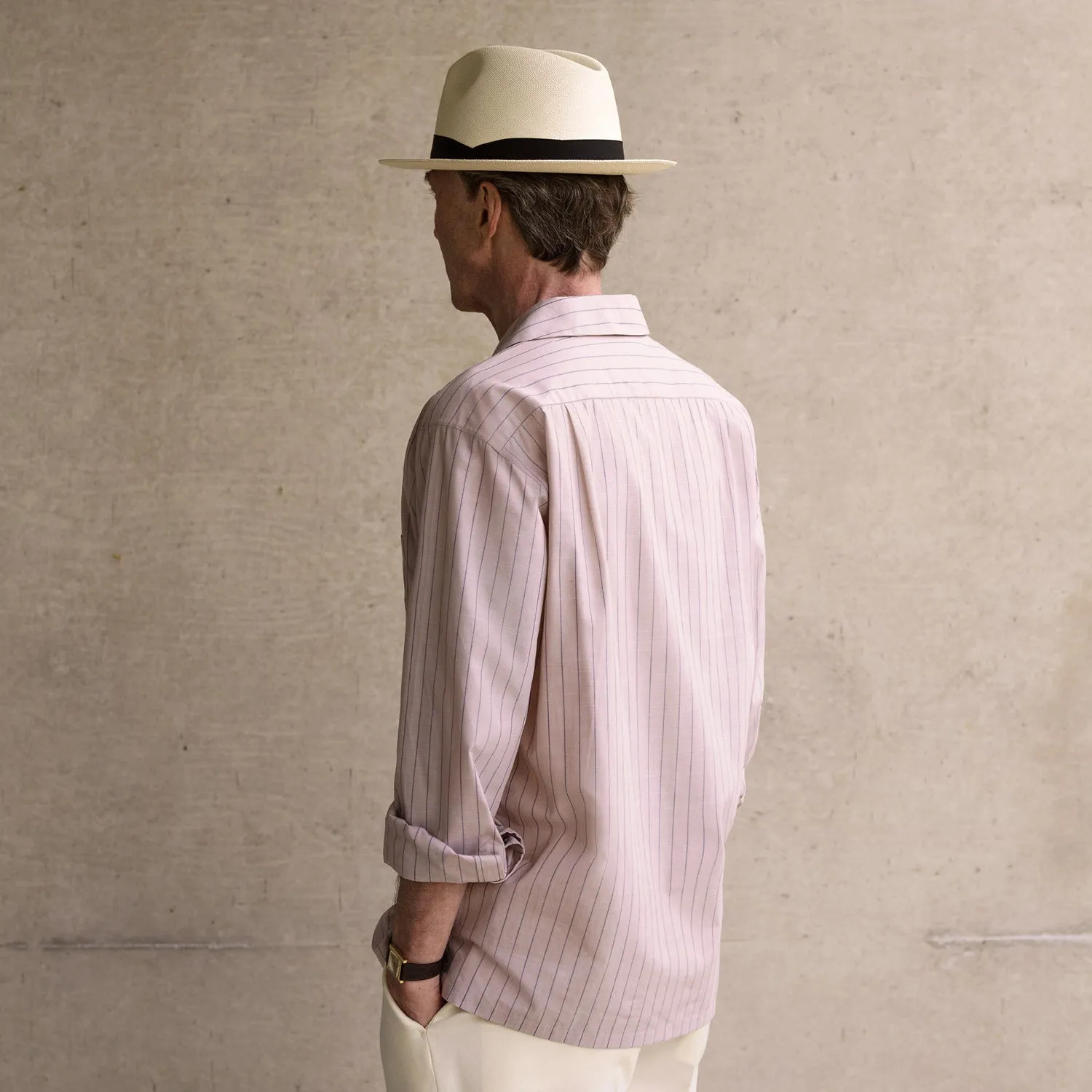 Beige Stripe Cotton Holiday Fit Shirt with Revere Collar & Single Button Cuff