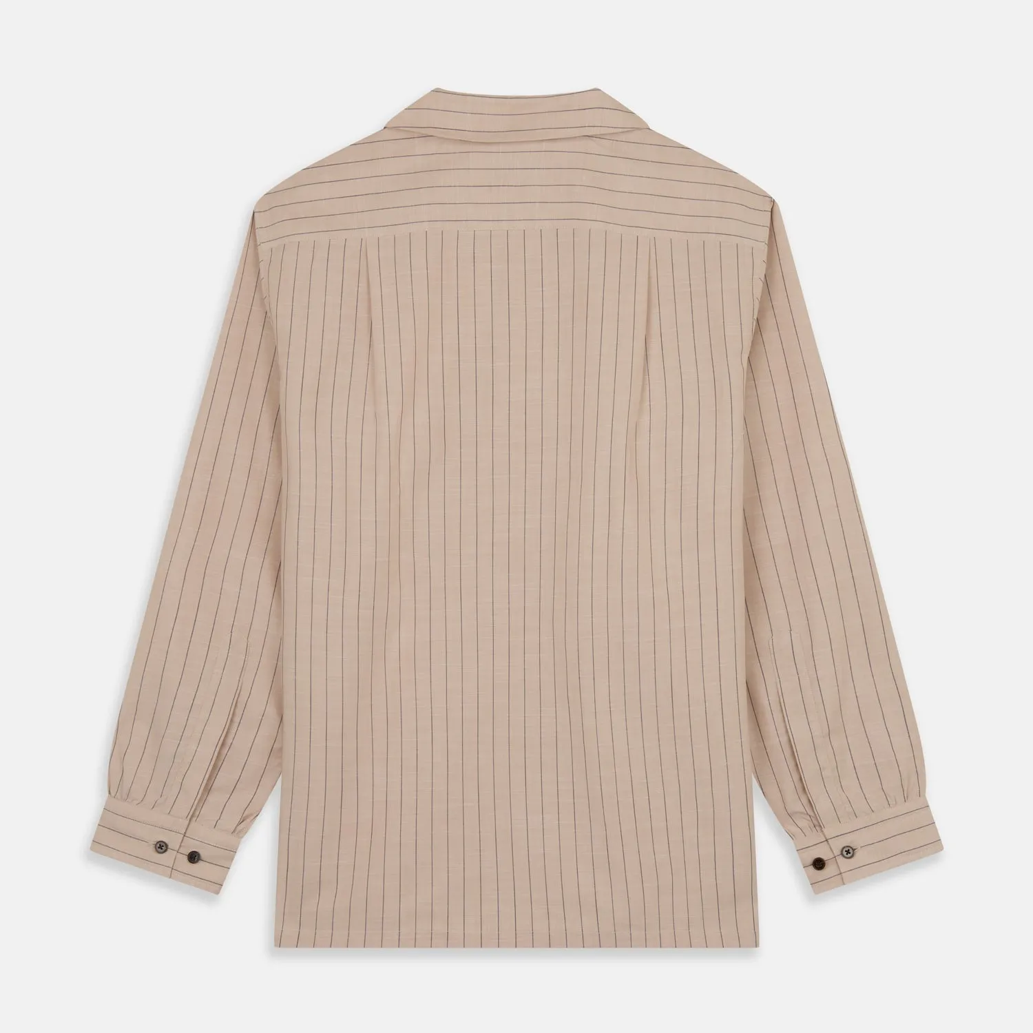 Beige Stripe Cotton Holiday Fit Shirt with Revere Collar & Single Button Cuff