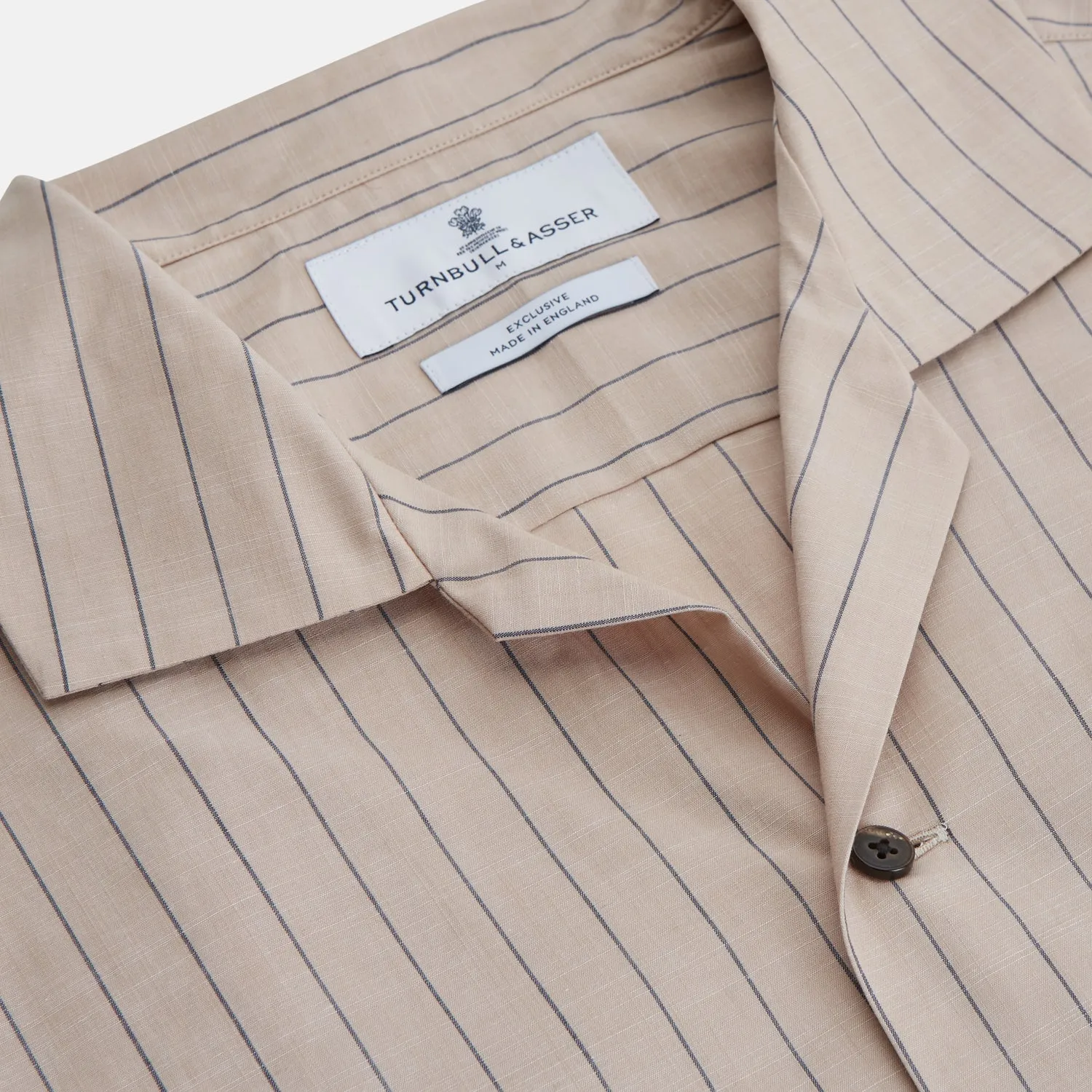 Beige Stripe Cotton Holiday Fit Shirt with Revere Collar & Single Button Cuff