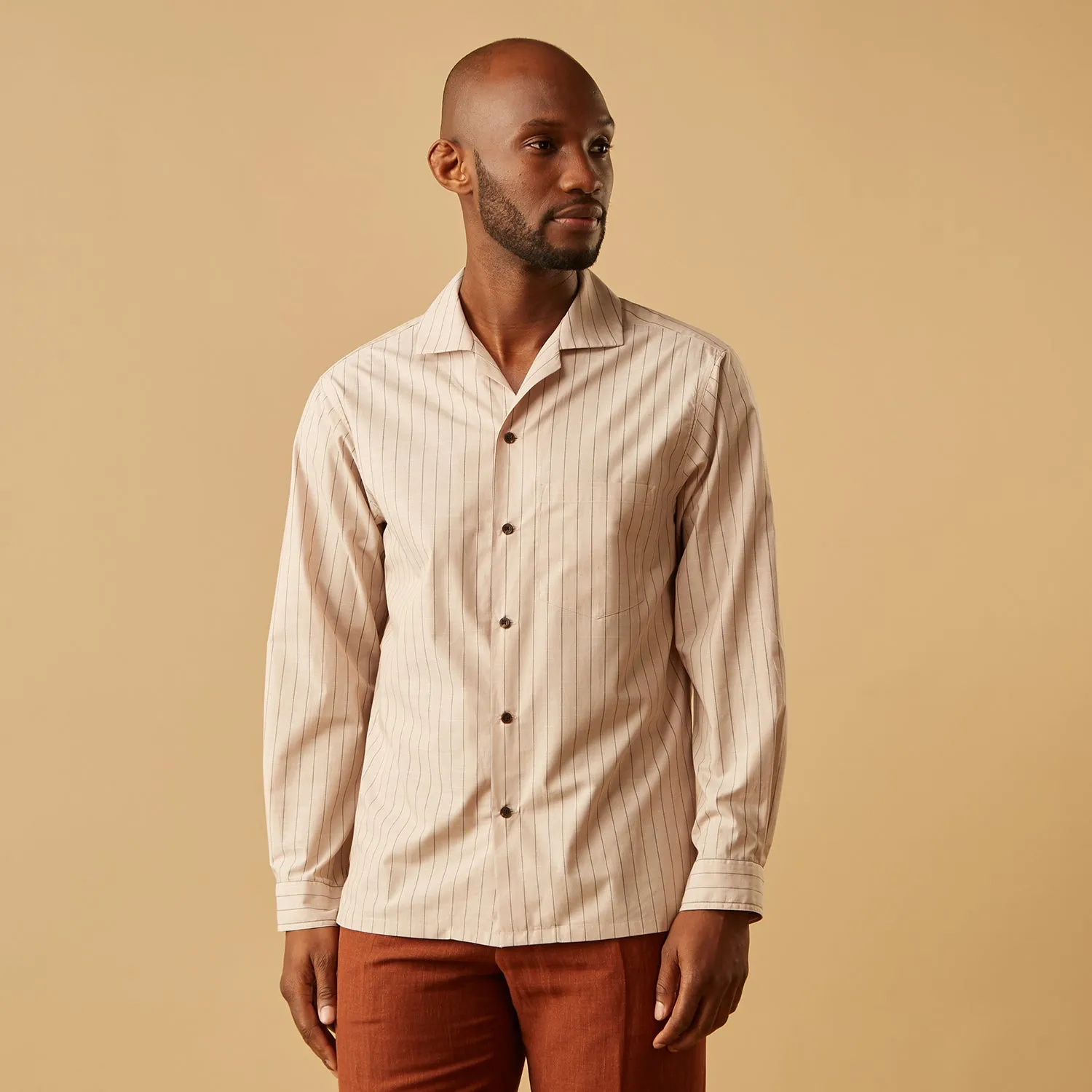 Beige Stripe Cotton Holiday Fit Shirt with Revere Collar & Single Button Cuff