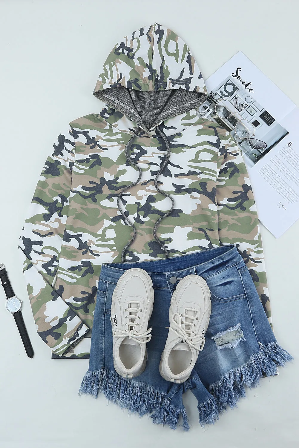 Camouflage Sequins Back Drawstring Hoodie