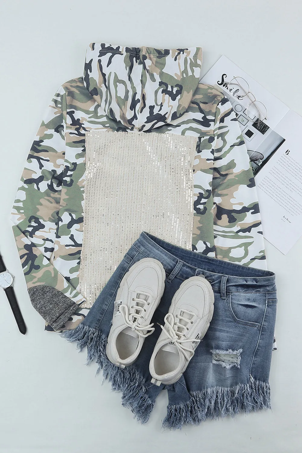 Camouflage Sequins Back Drawstring Hoodie
