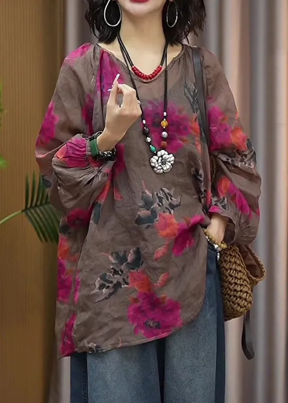 Casual Brown Print T Shirts Long Sleeve GH1011