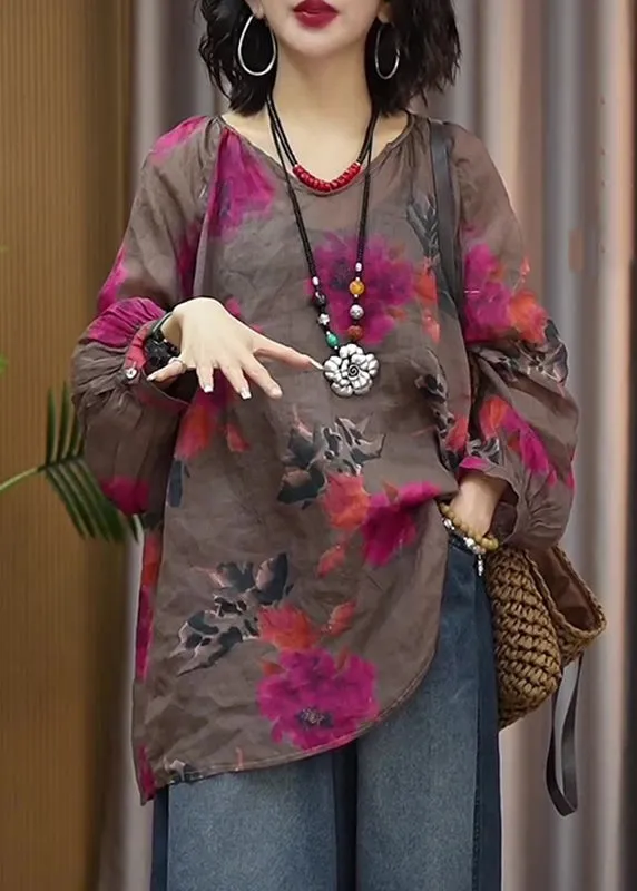 Casual Brown Print T Shirts Long Sleeve GH1011