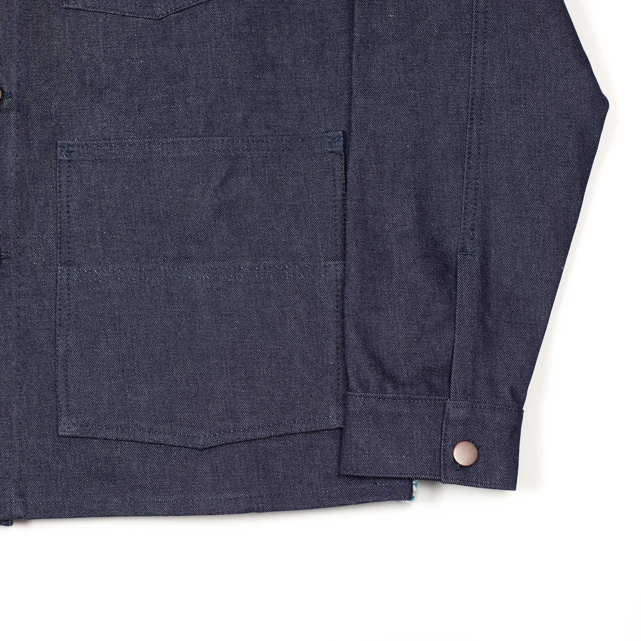 Chore jacket in handloomed diamond jacquard and denim