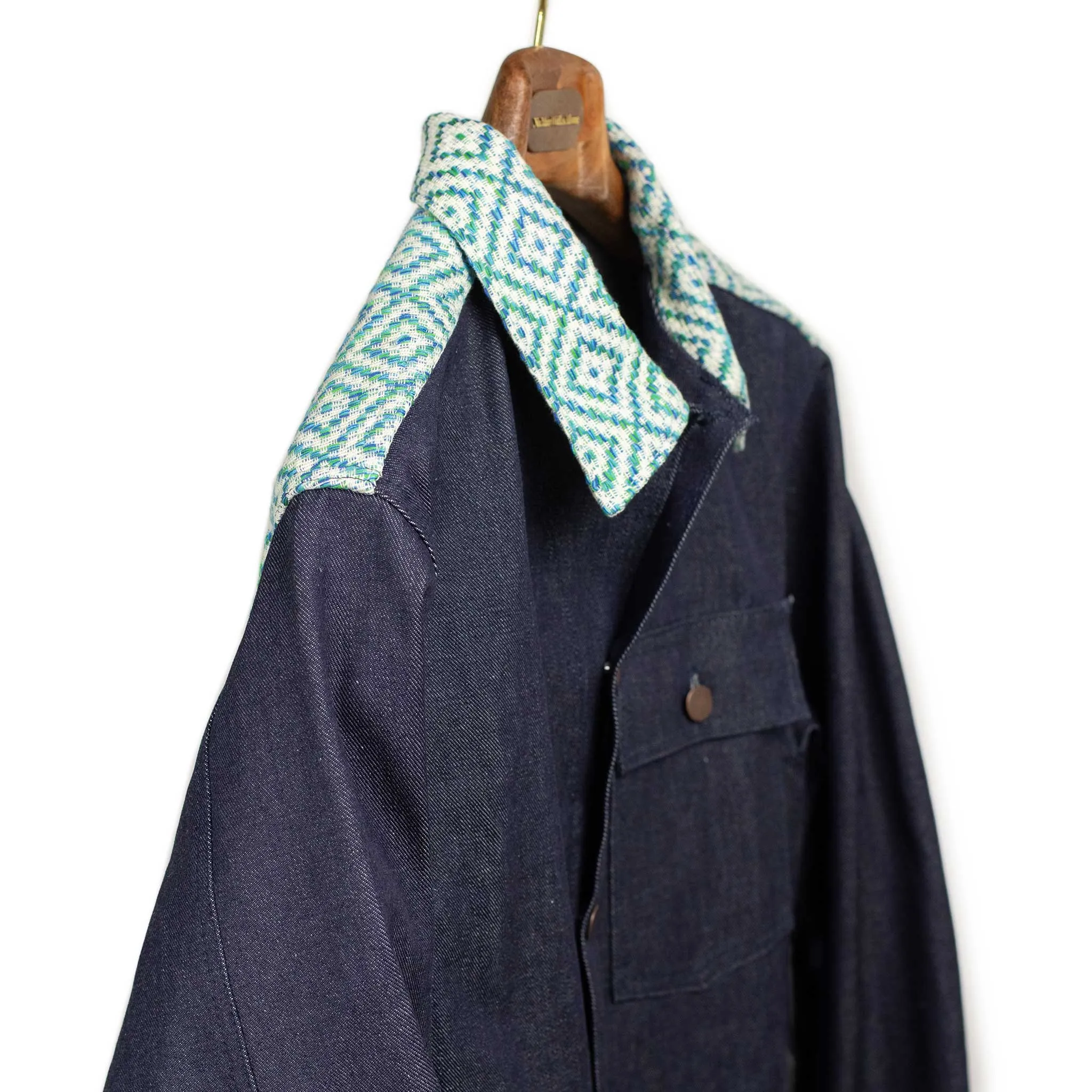 Chore jacket in handloomed diamond jacquard and denim