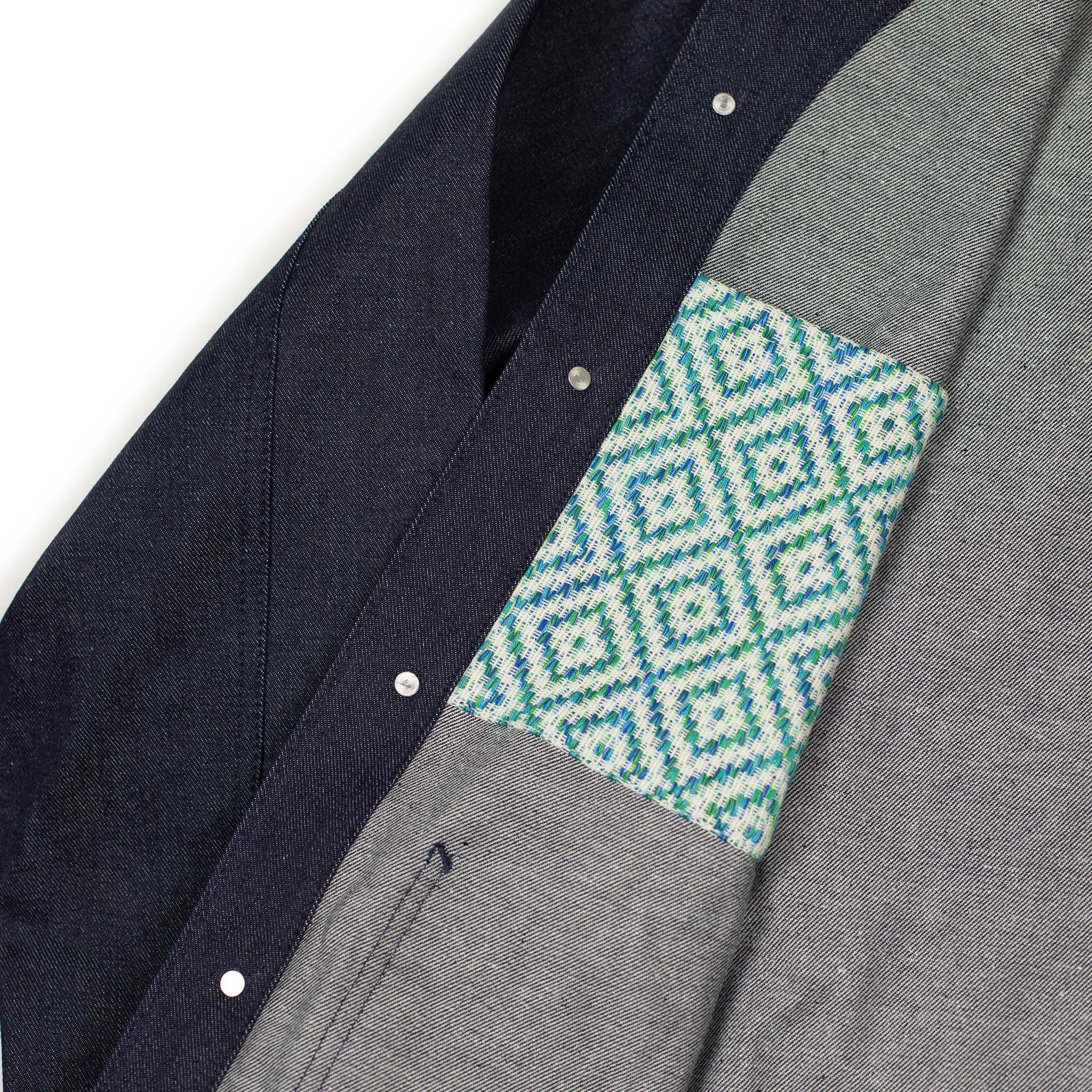 Chore jacket in handloomed diamond jacquard and denim
