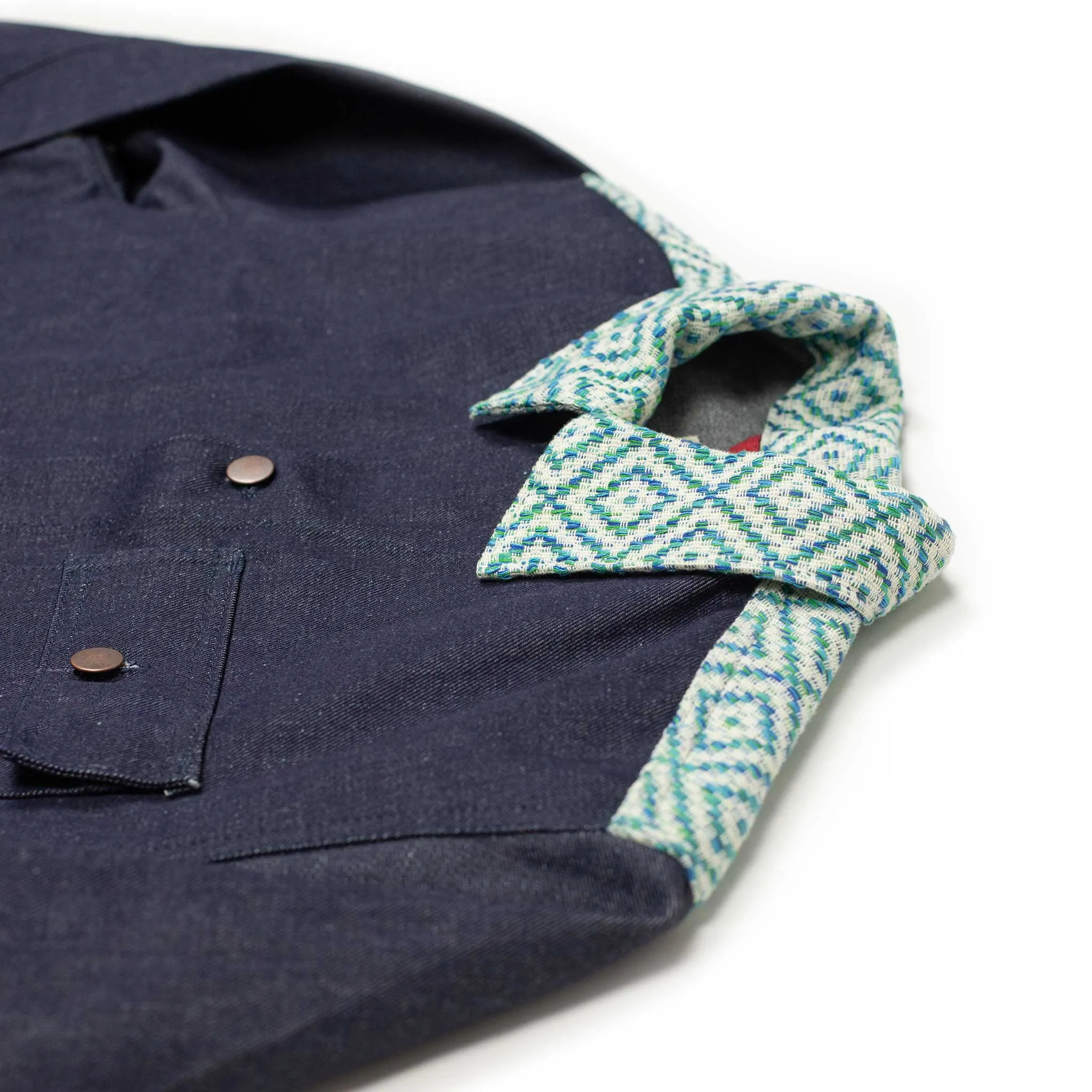 Chore jacket in handloomed diamond jacquard and denim