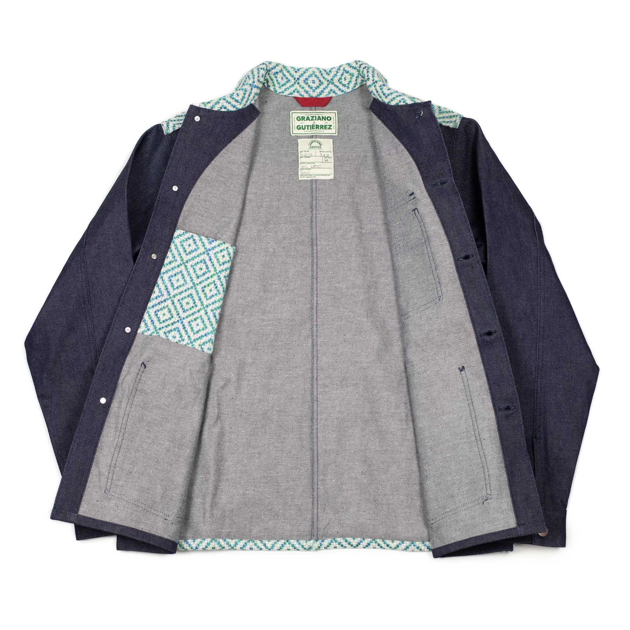 Chore jacket in handloomed diamond jacquard and denim