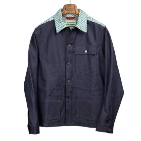 Chore jacket in handloomed diamond jacquard and denim
