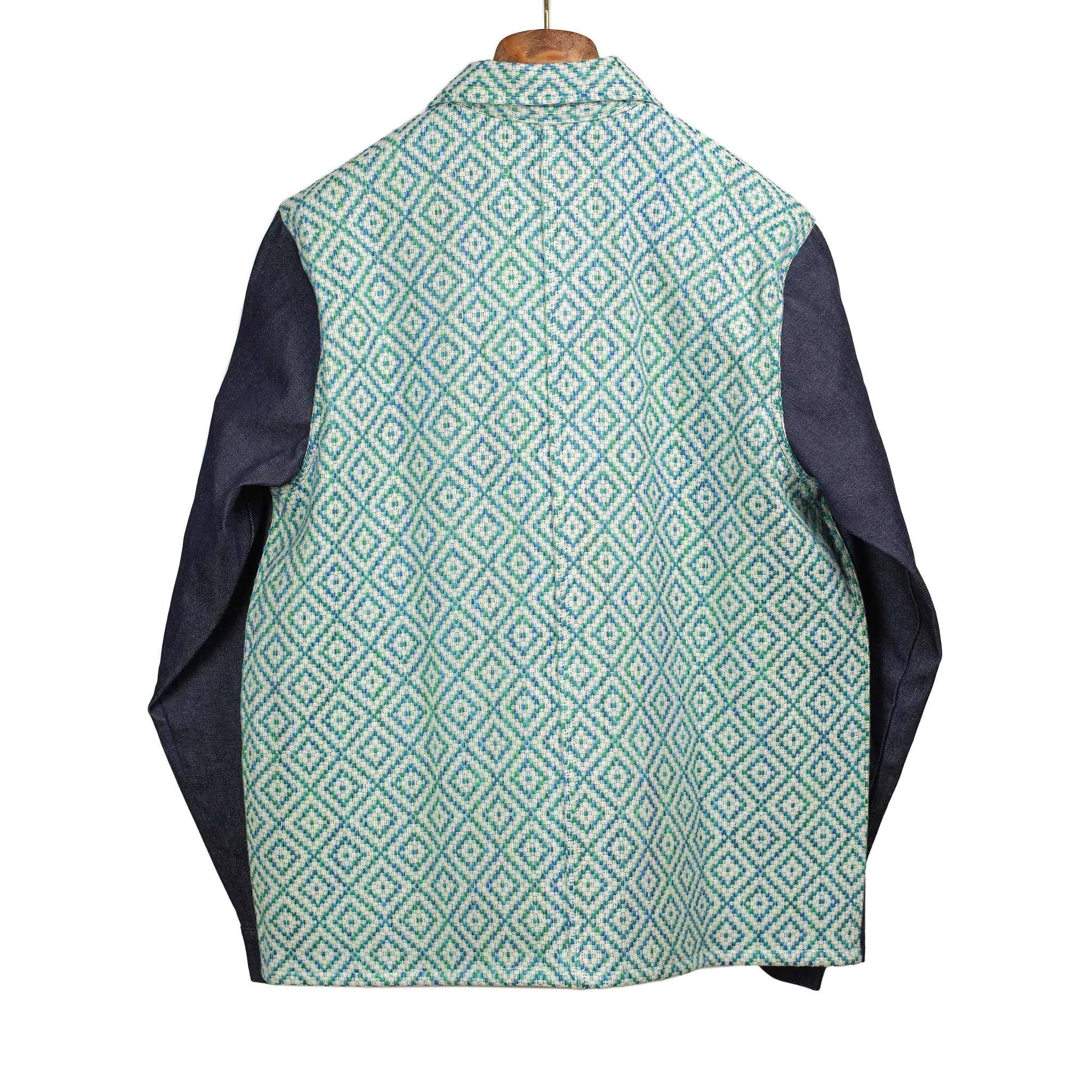 Chore jacket in handloomed diamond jacquard and denim