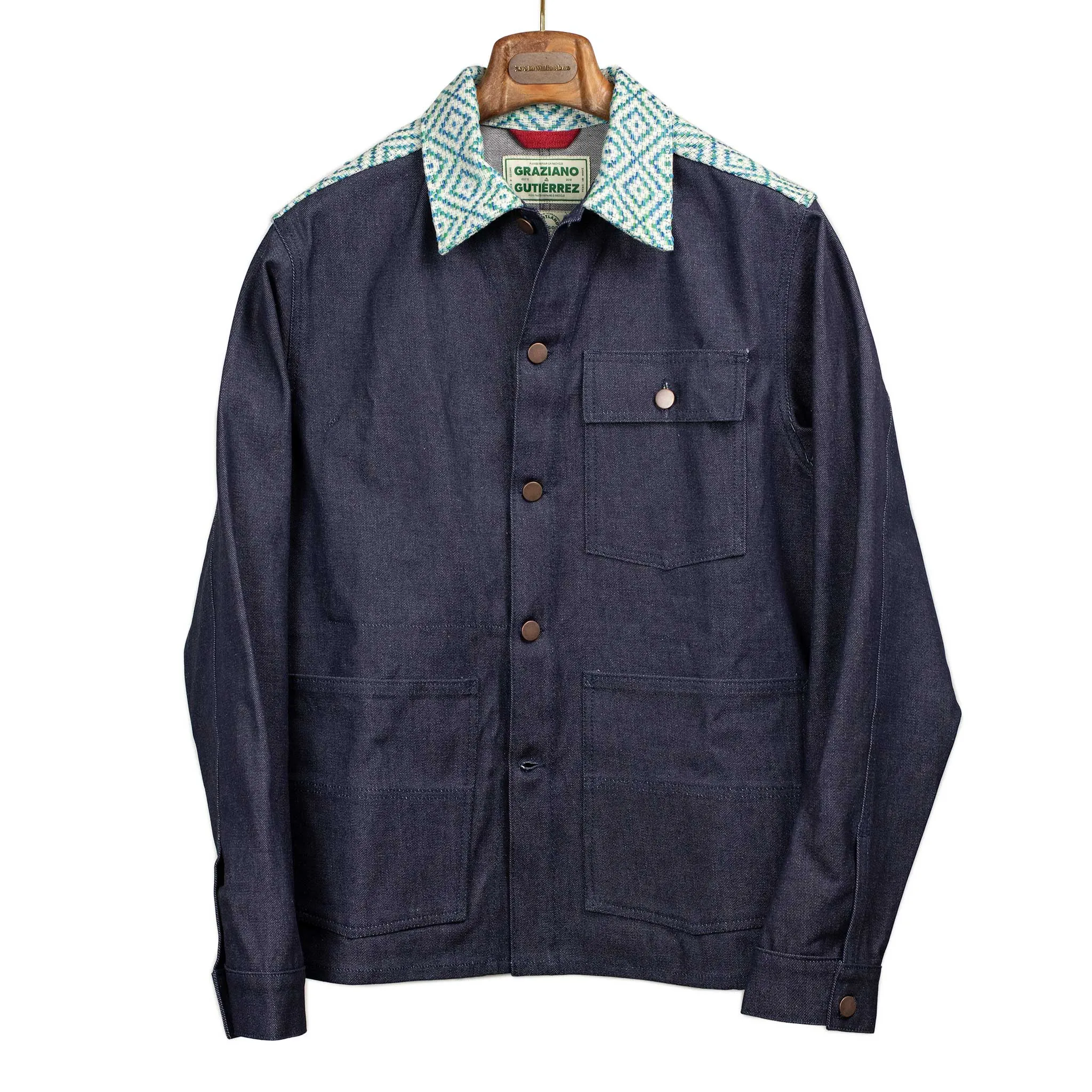 Chore jacket in handloomed diamond jacquard and denim