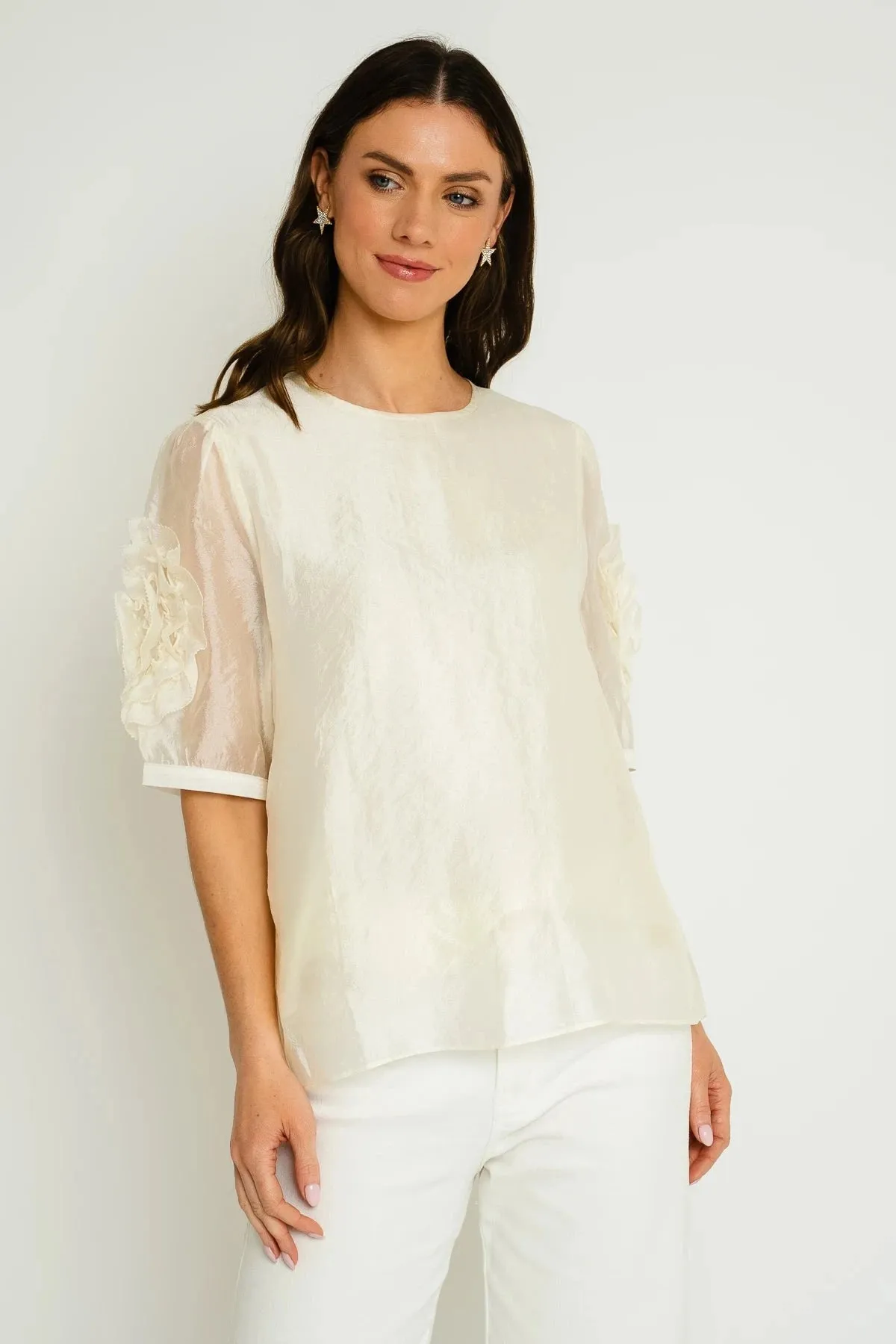 Cream Short Sleeve Top With Sleeve Detail