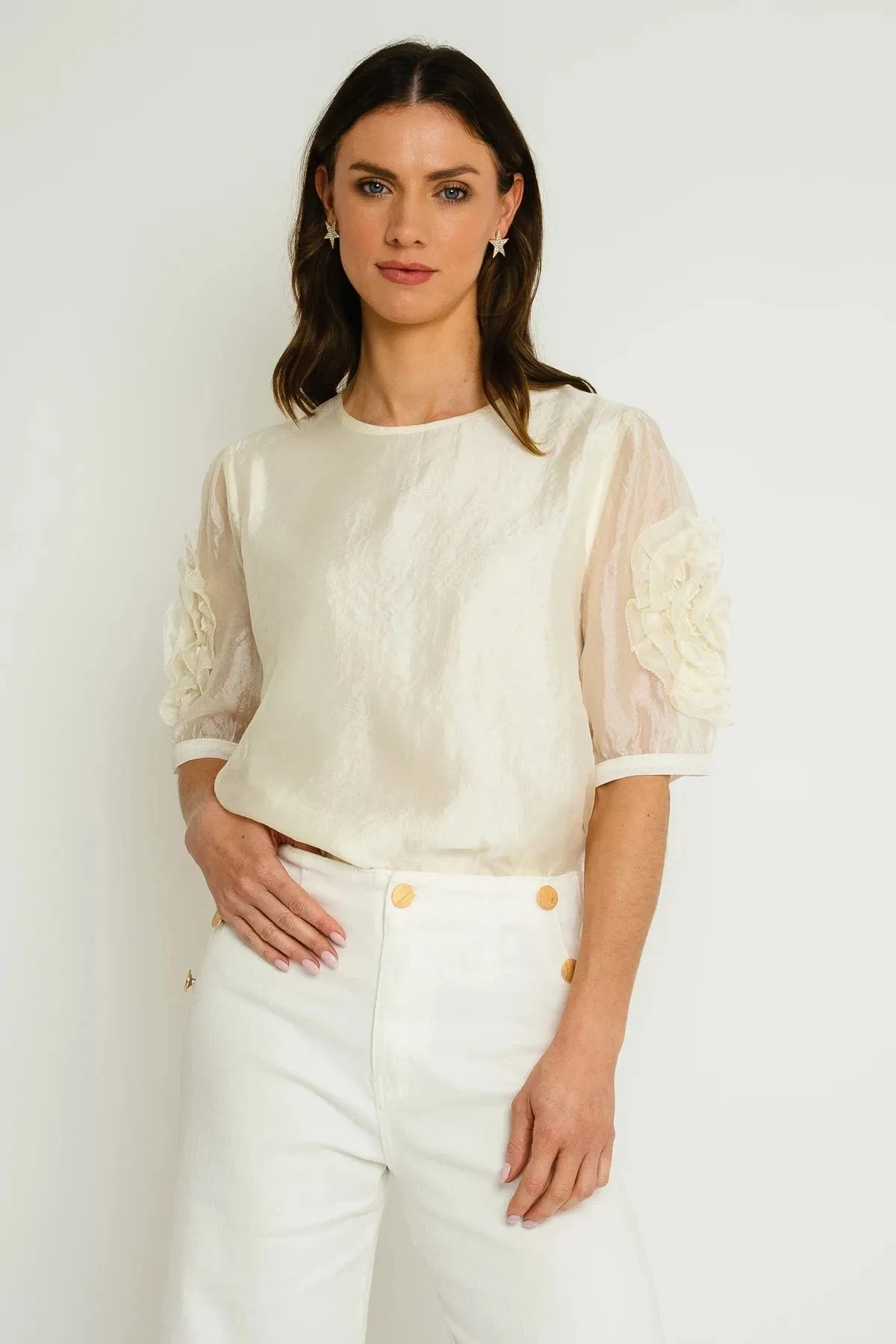 Cream Short Sleeve Top With Sleeve Detail