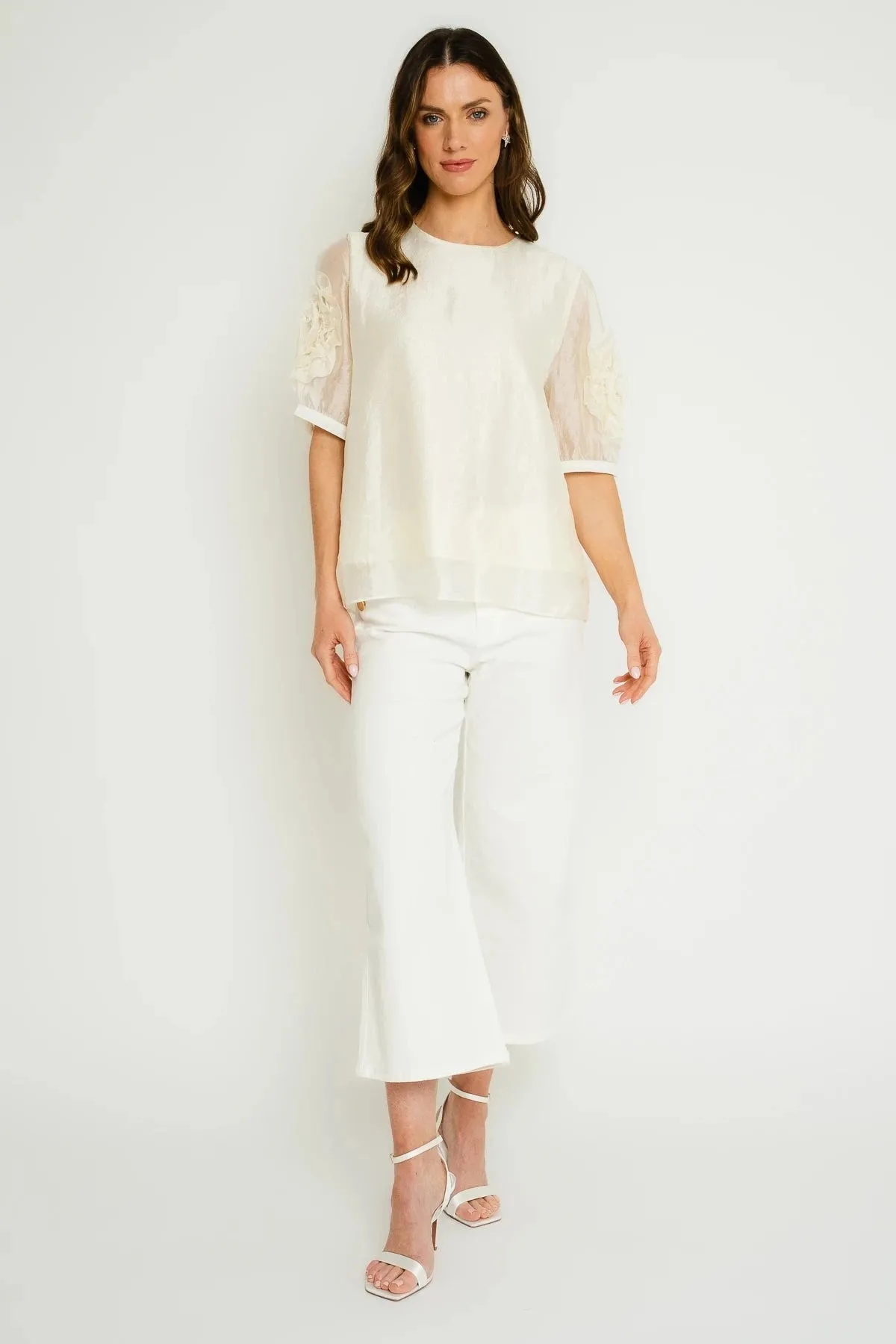 Cream Short Sleeve Top With Sleeve Detail