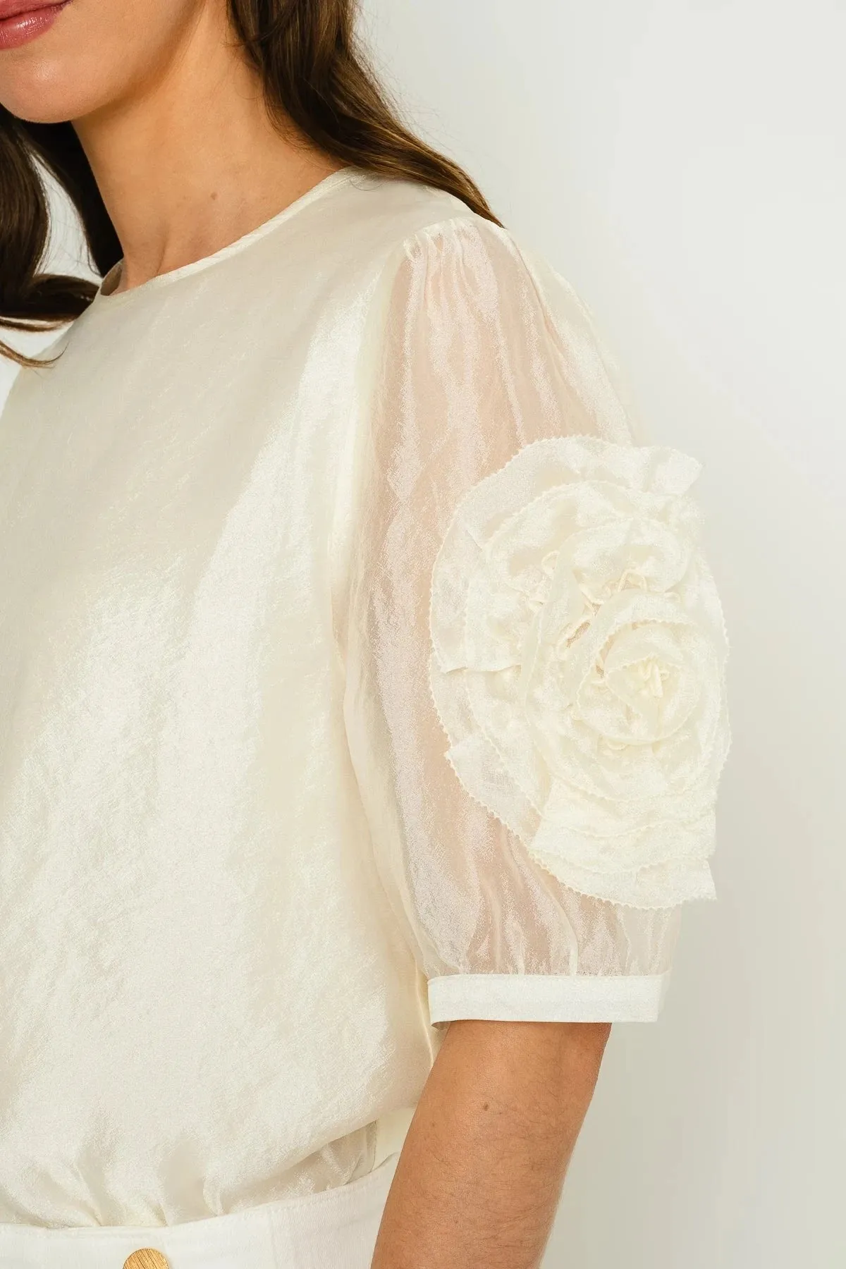 Cream Short Sleeve Top With Sleeve Detail