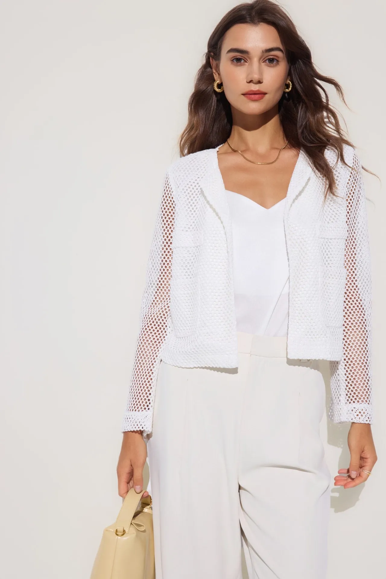 Crochet Lace Round Neck Open Front Jacket