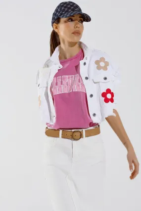 Cropped Jacket With Chest Pockets and Flower Details in White
