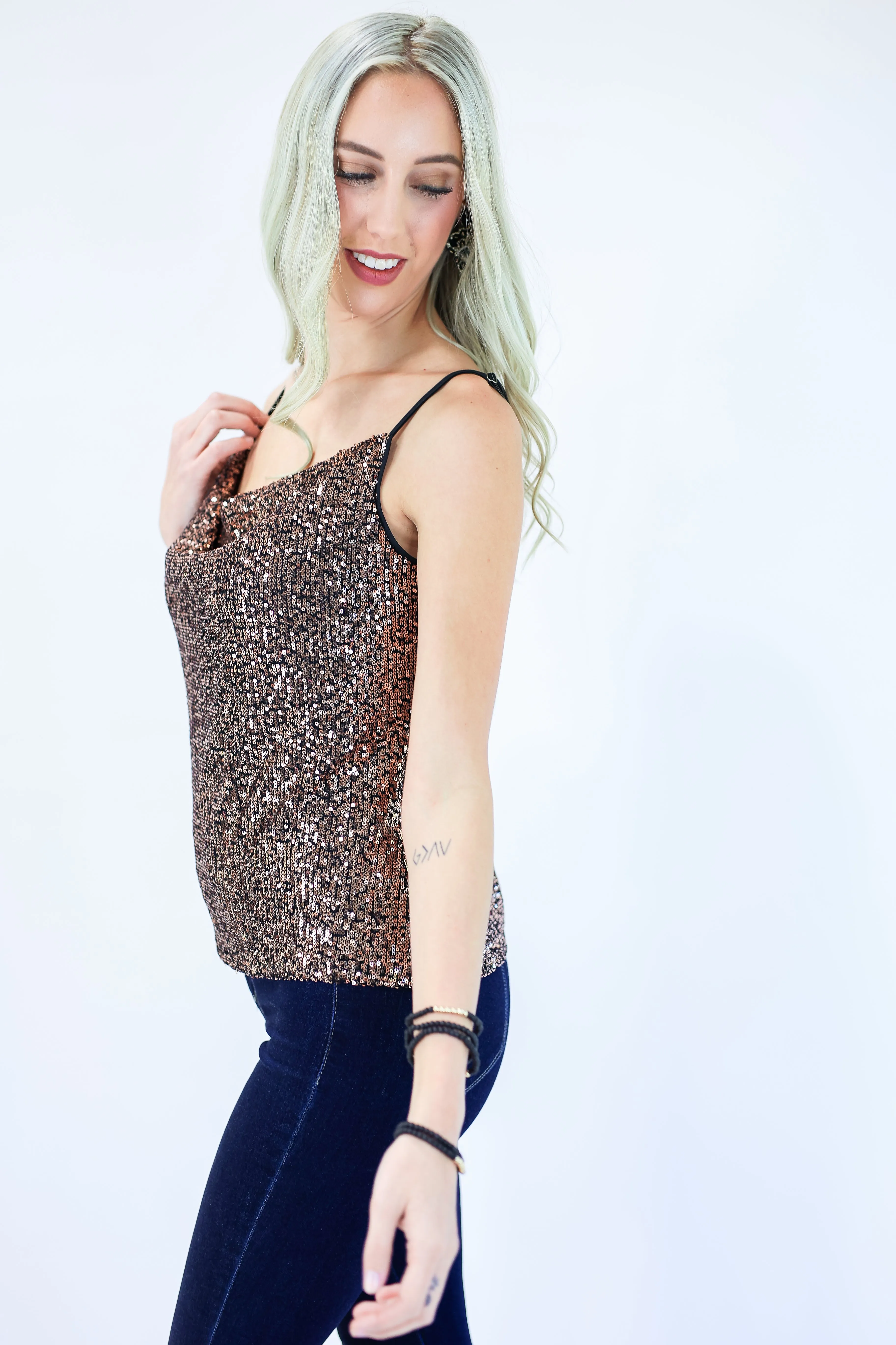 Delicate Babe Sequin Tank In Bronze
