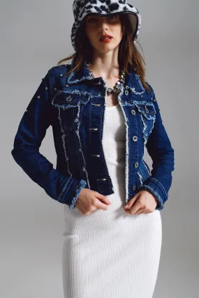 Denim jacket with frayed and embroidered details in Midwash