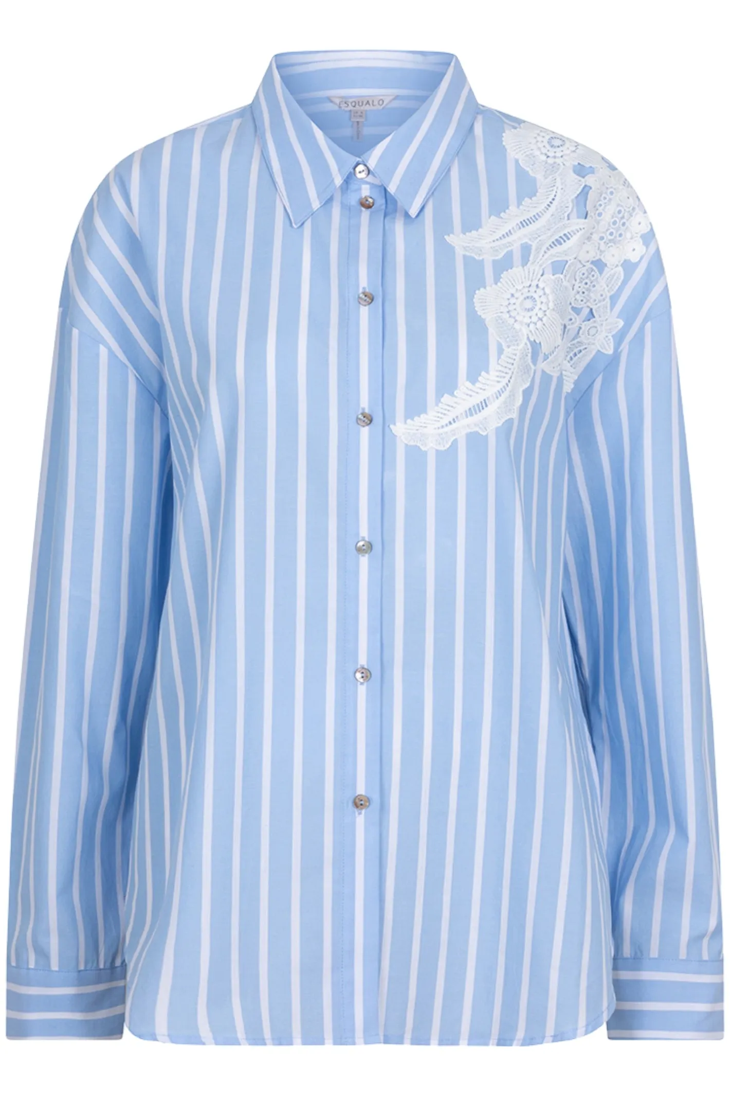EsQualo 15011 Blue Striped Cotton Blouse with Lace Patch