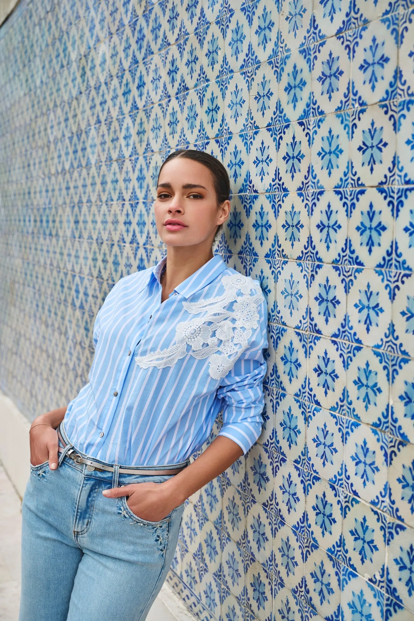 EsQualo 15011 Blue Striped Cotton Blouse with Lace Patch