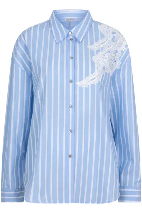 EsQualo 15011 Blue Striped Cotton Blouse with Lace Patch