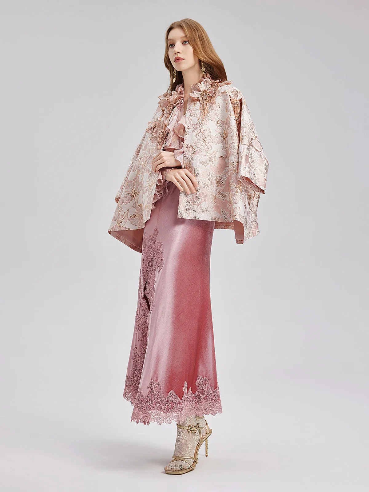 Flower Beaded Embossed Jacquard Cape Coat