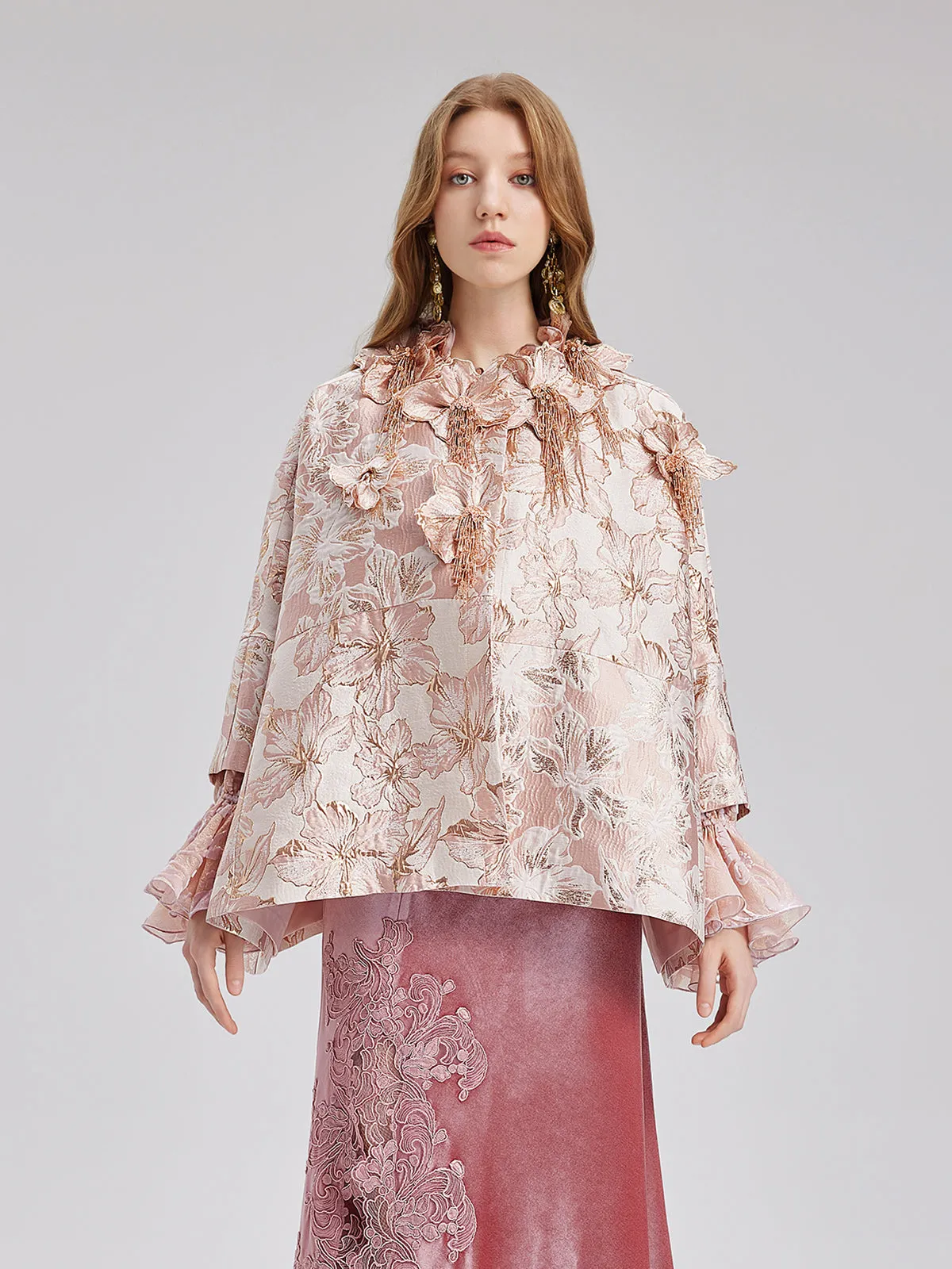 Flower Beaded Embossed Jacquard Cape Coat