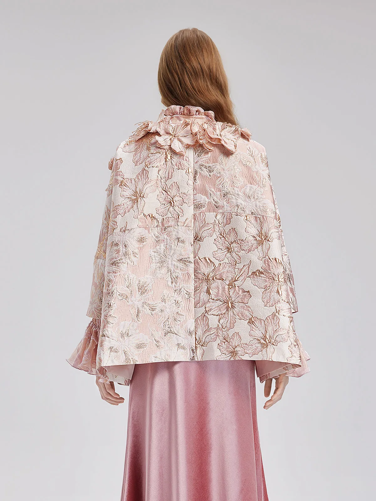 Flower Beaded Embossed Jacquard Cape Coat