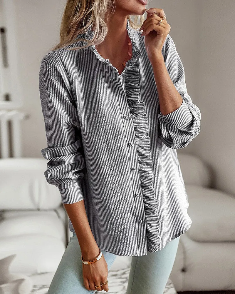 Frill Details Button down Long Sleeve Shirt Top