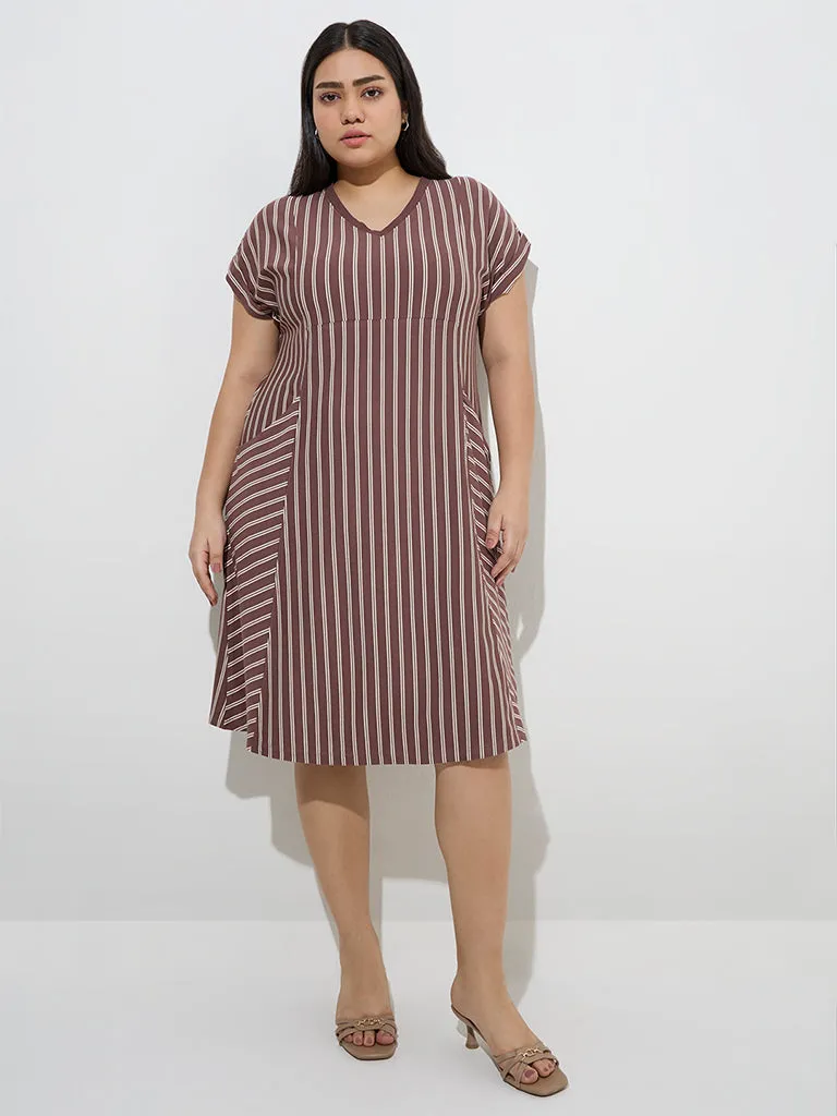 Gia Brown Stripe Patterned Cotton-Blend Straight Dress