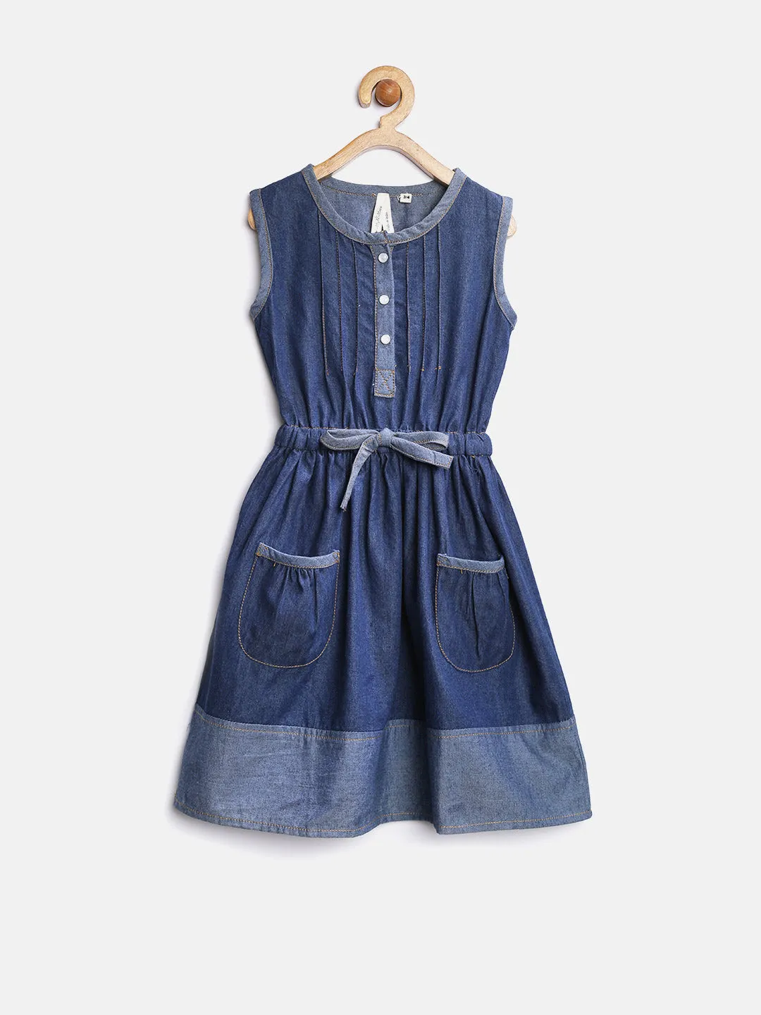 Girls Blue Denim Dress With Waist Bow