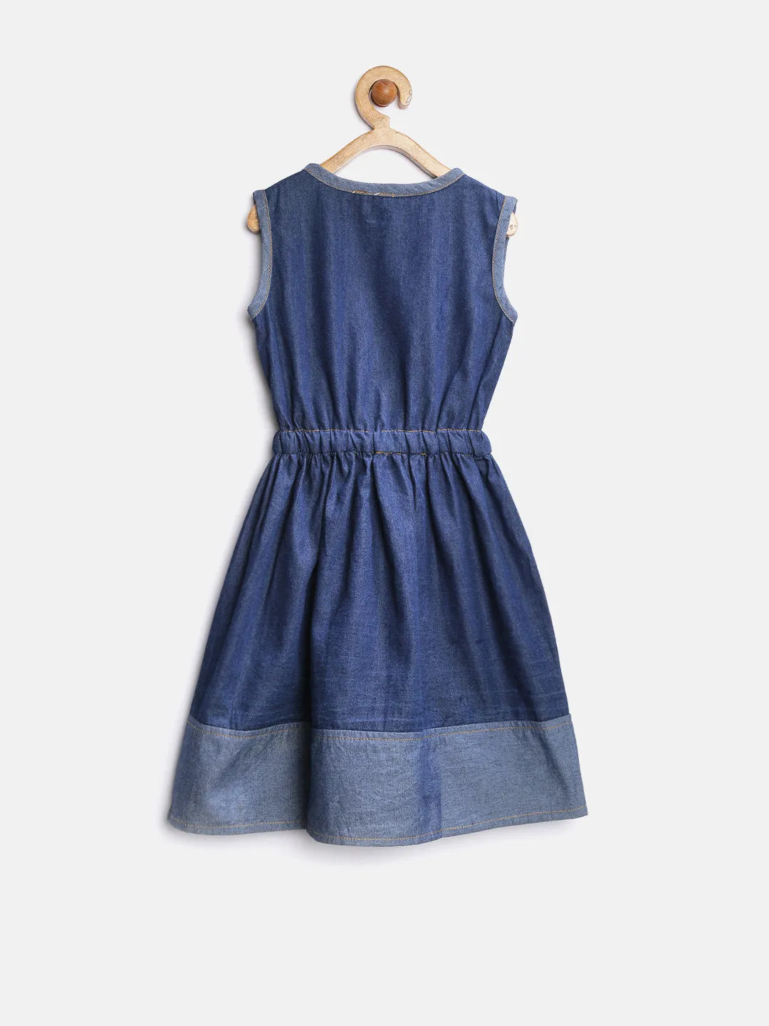 Girls Blue Denim Dress With Waist Bow
