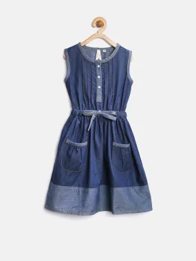 Girls Blue Denim Dress With Waist Bow