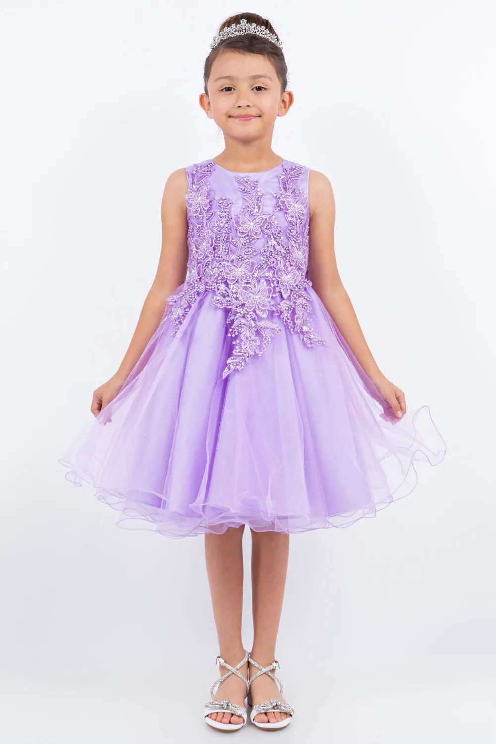 Girls Butterfly Lace Glitter Tulle Flower Girl Dress, Sizes 2-12