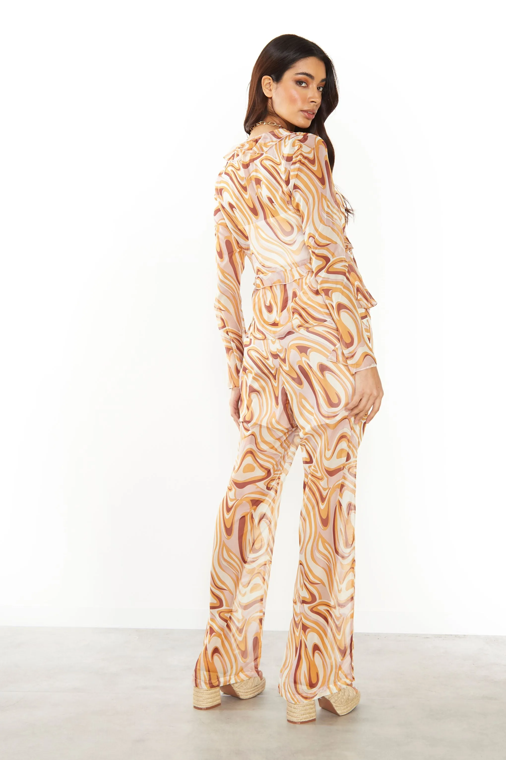 Glamorous Retro Marble Sheer Flared Trousers