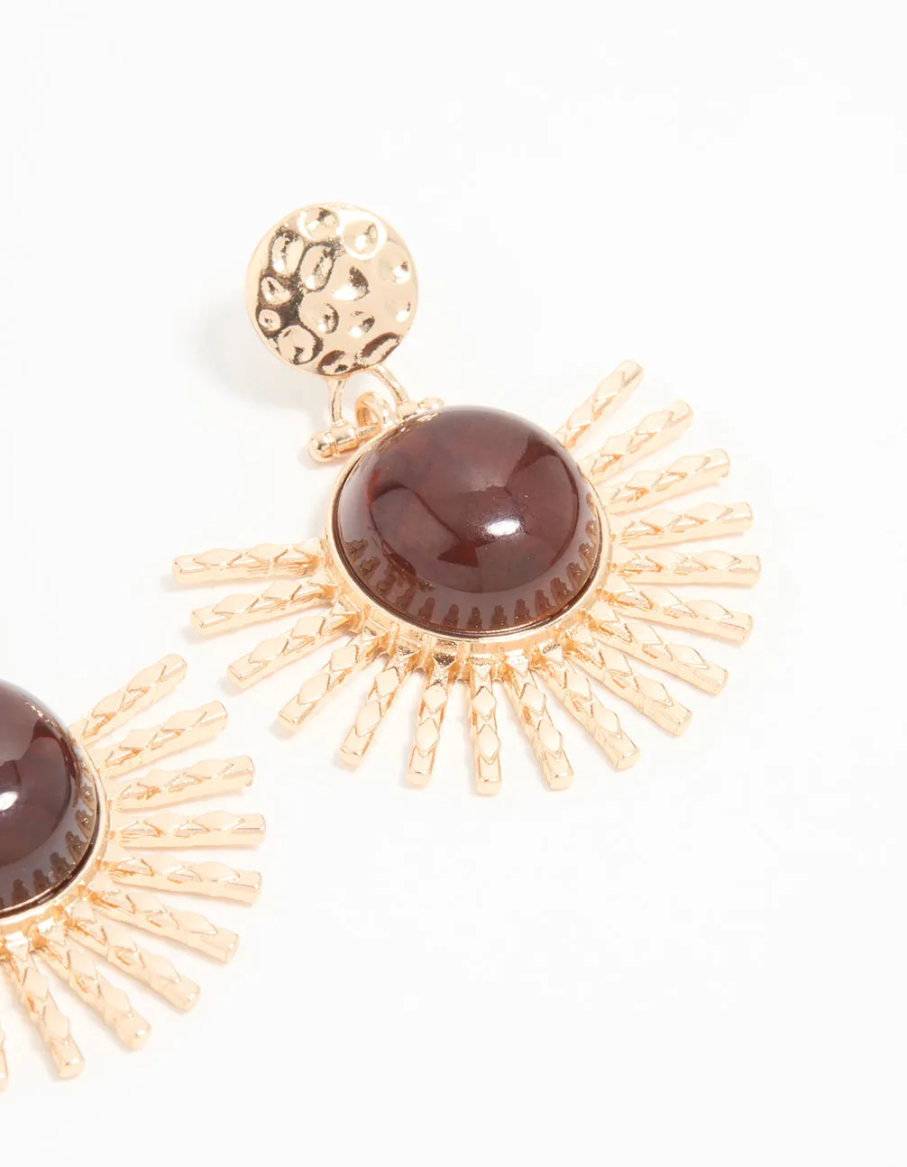 Gold & Brown Stone Circular Fan Drop Earrings
