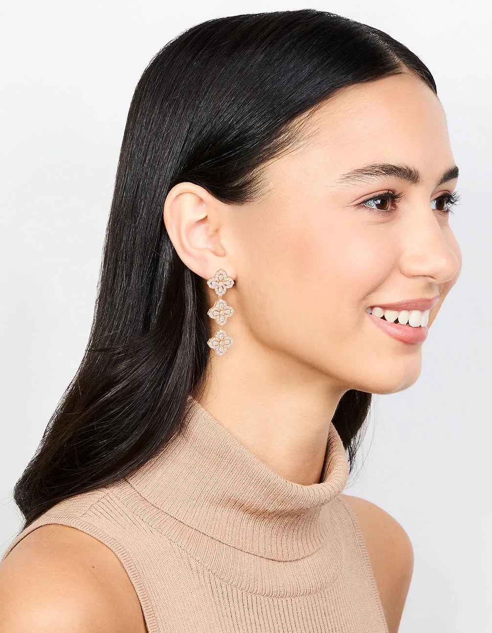 Gold Cubic Zirconia Triple Flower Drop Earrings
