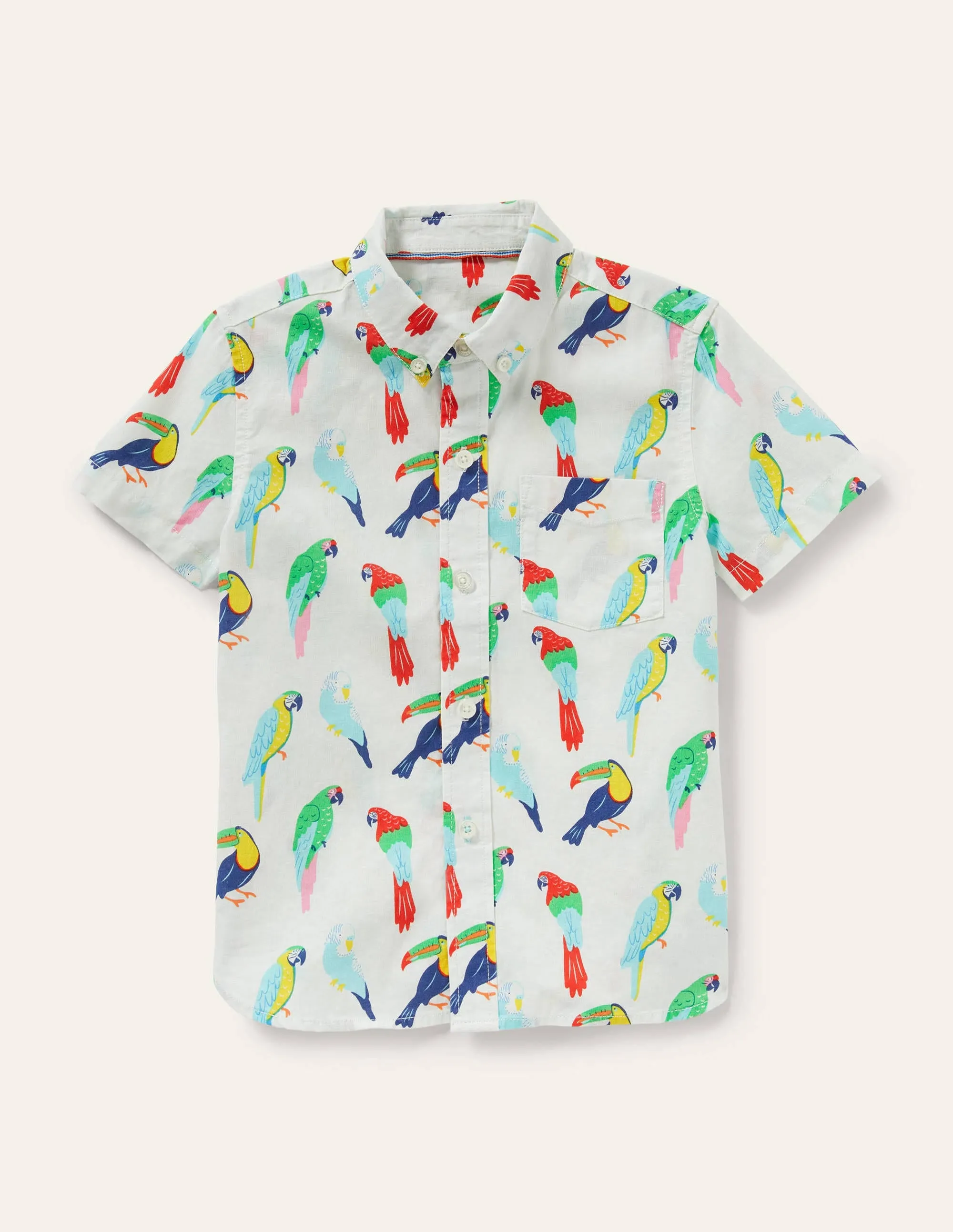 Holiday Cotton Linen Shirt-Ivory Tropical Birds