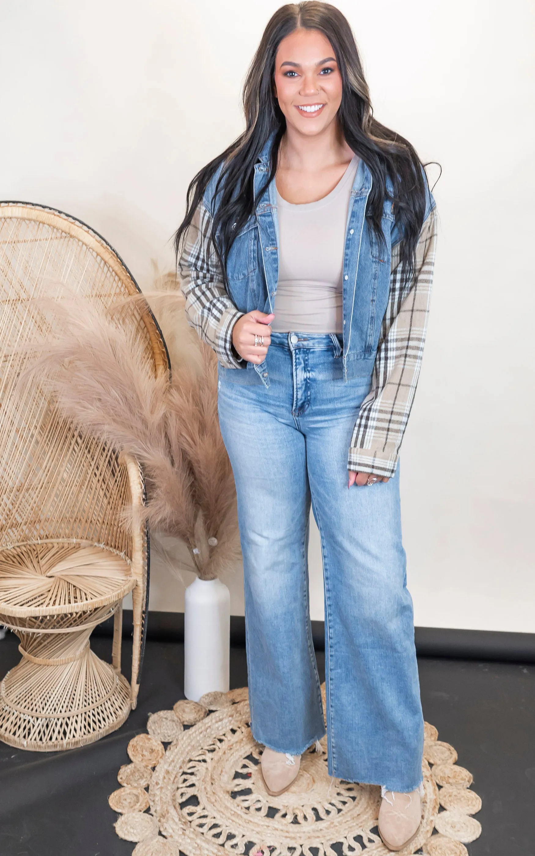 Khaki Denim Plaid Contrast Jacket**