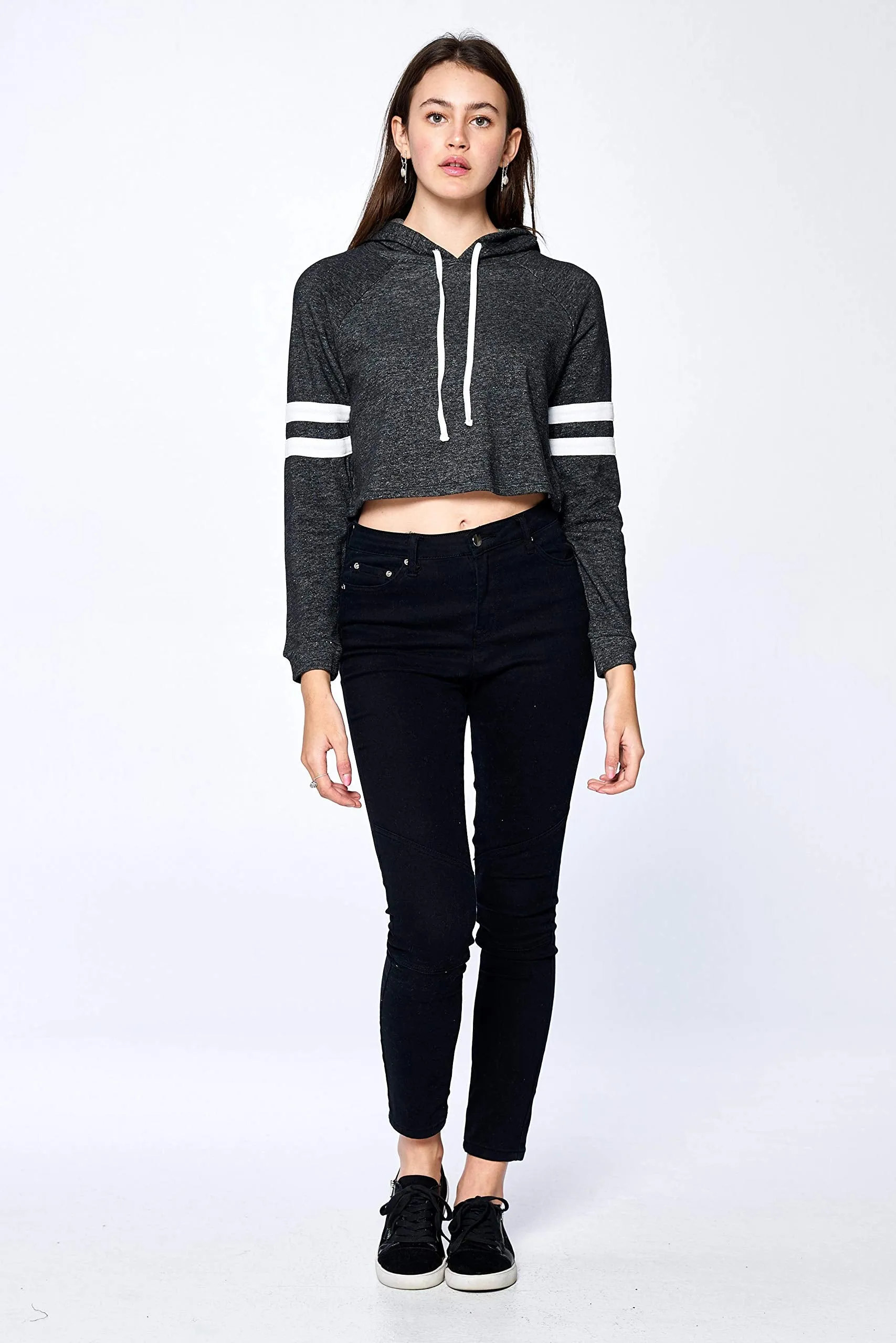 Khanomak Women's Loose Long Sleeve Striped Sweatshirt Crop Top