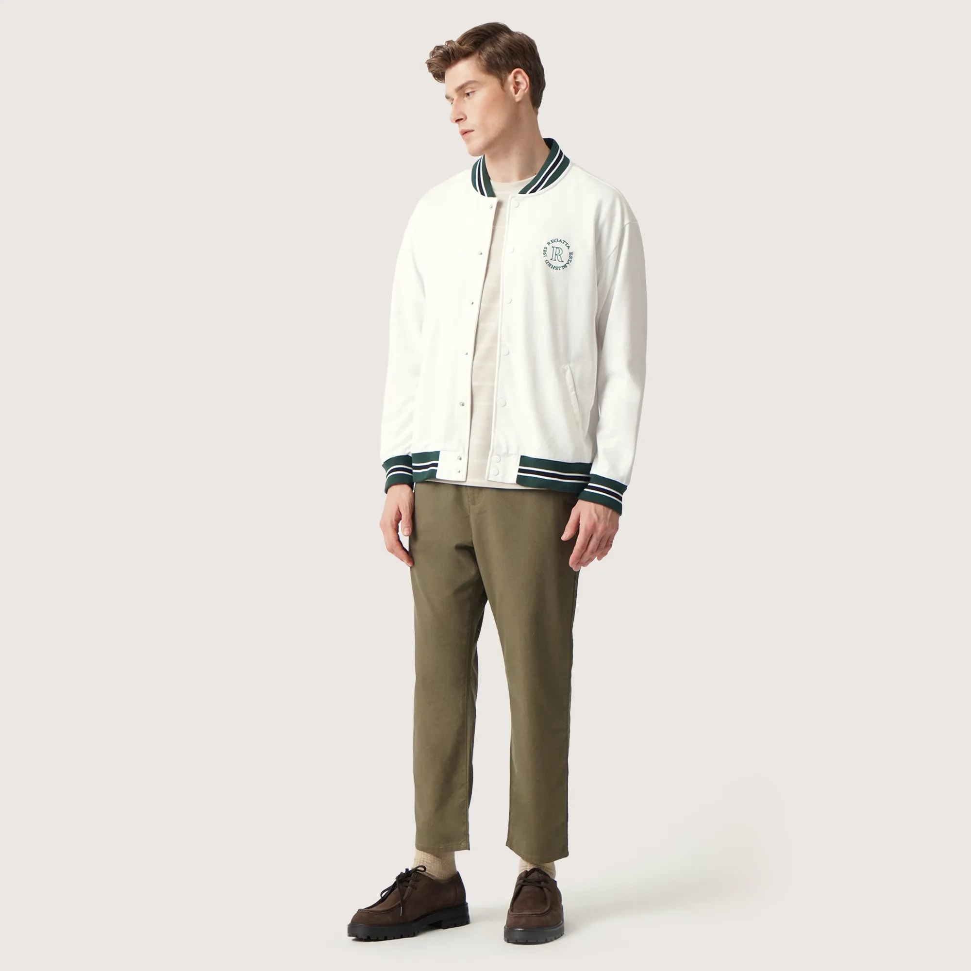Knit Bomber Jacket With Chest Embroidery and Cuff Details