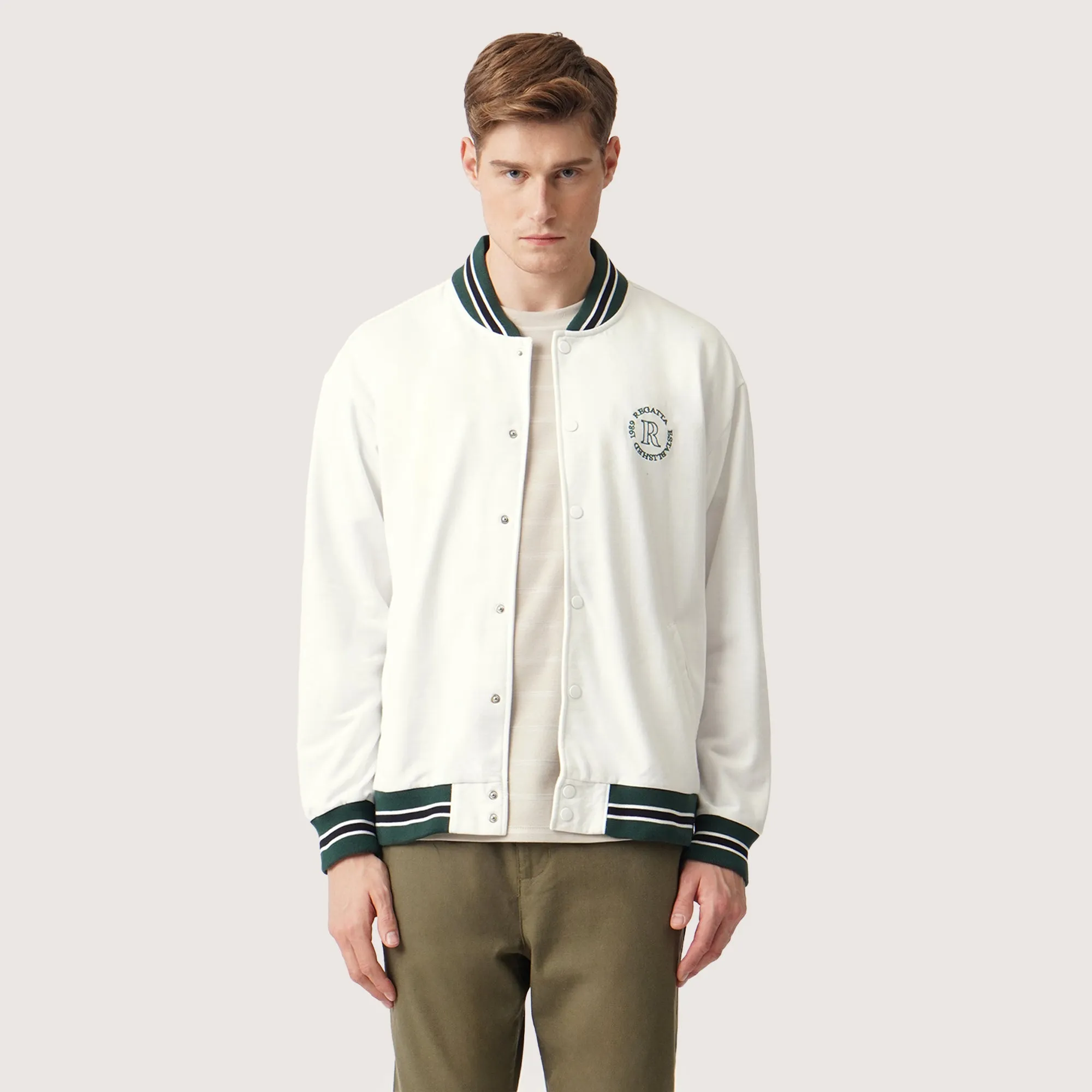 Knit Bomber Jacket With Chest Embroidery and Cuff Details