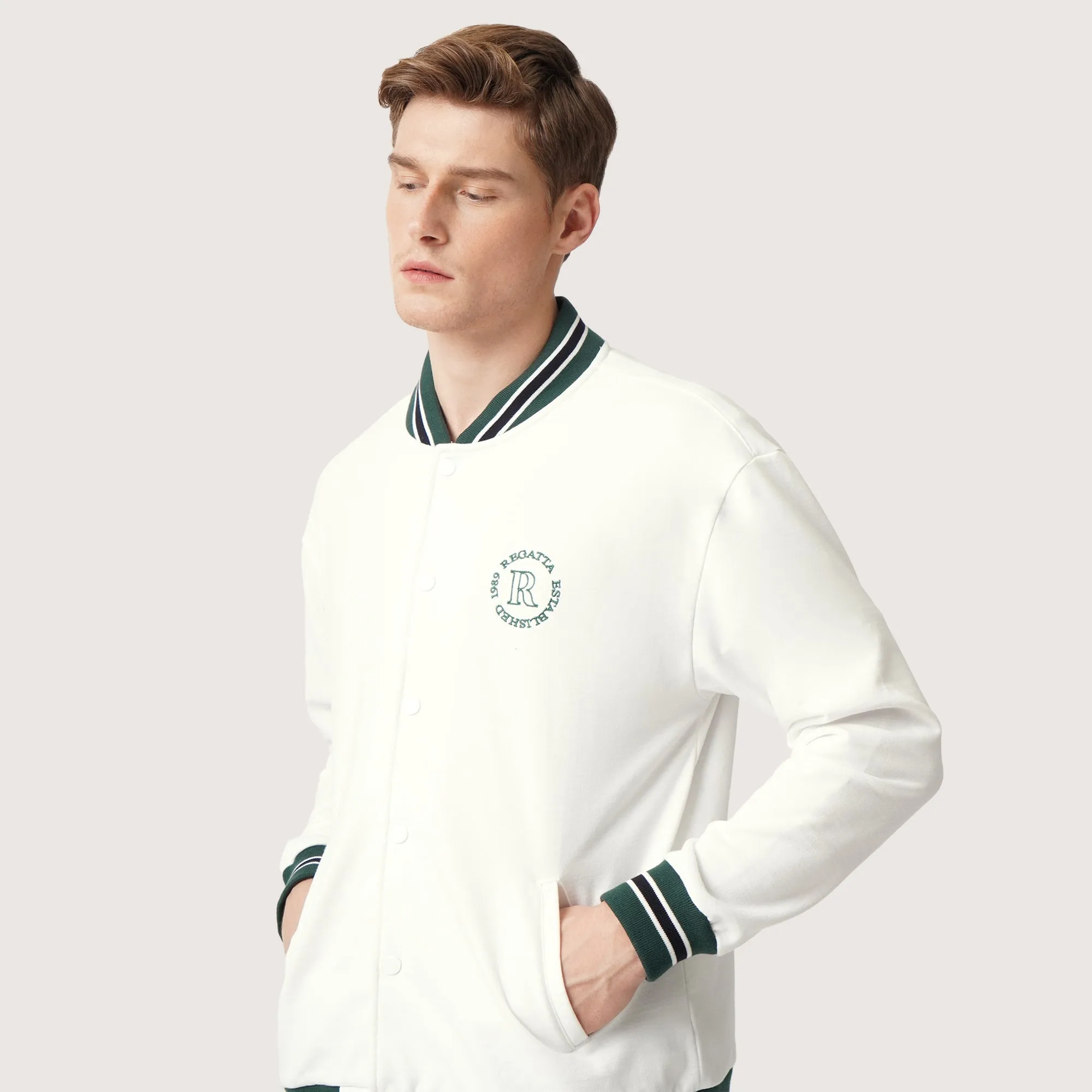 Knit Bomber Jacket With Chest Embroidery and Cuff Details